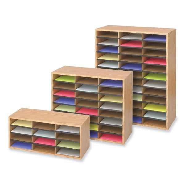 Safco Wood/Corrugated Literature Organizer, 24 Compartments, 29 X 12 X 23.5, Medium Oak