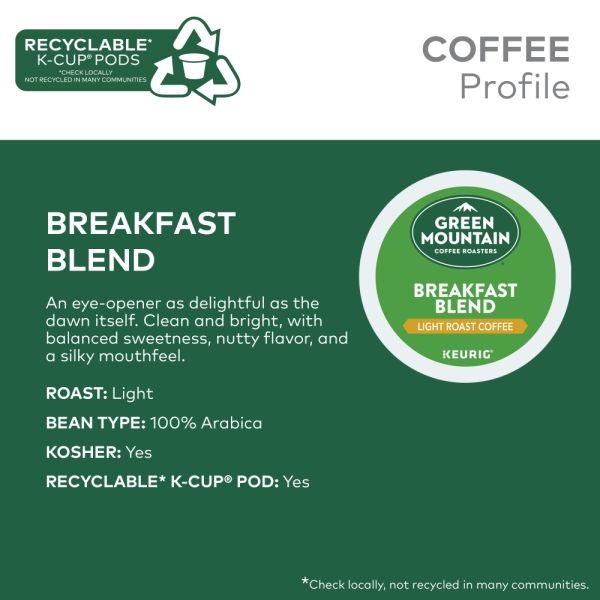 Green Mountain Coffee K-Cups, Breakfast Blend, Light Roast, 24 K-Cups