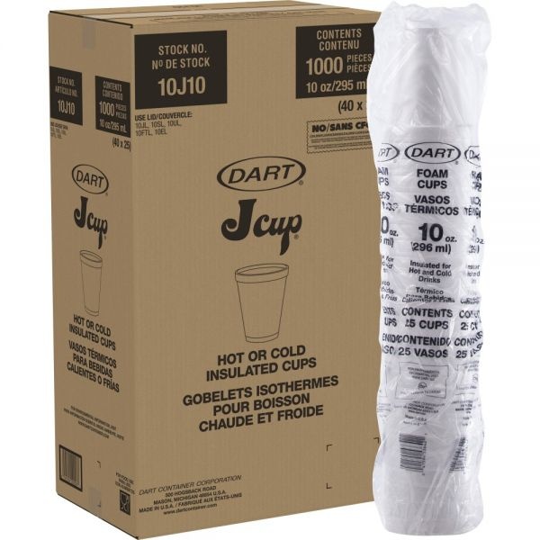 Dart Foam Drink Cups, 10Oz, White, 25/Bag, 40 Bags/Carton