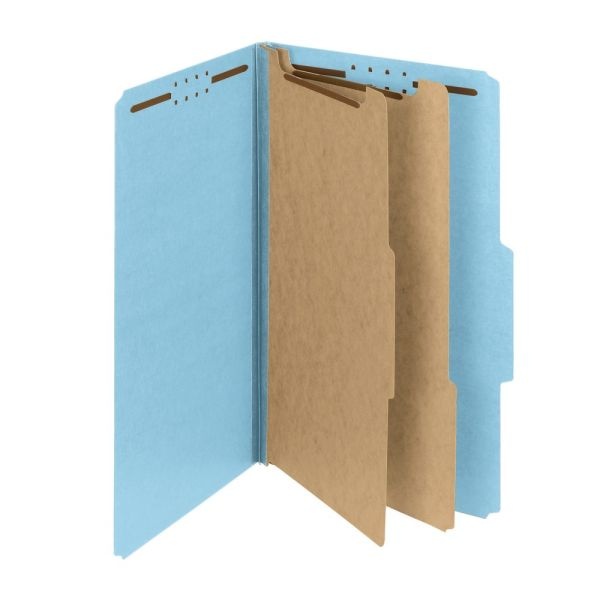 Smead Pressboard Classification Folders With Safeshield Fasteners, 2 Dividers, Legal Size, 100% Recycled, Blue, Box Of 10