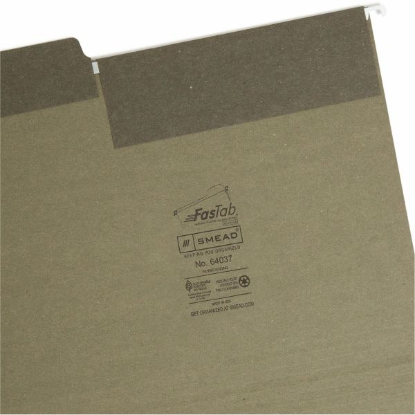 Smead Fastab Hanging Folders With 1/3-Cut Tabs, Letter Size, Standard Green, Box Of 20 Folders