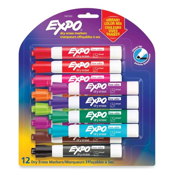 Expo Low Odor Dry Erase Vibrant Color Markers, Broad Chisel Tip, Assorted Colors, 12/Set
