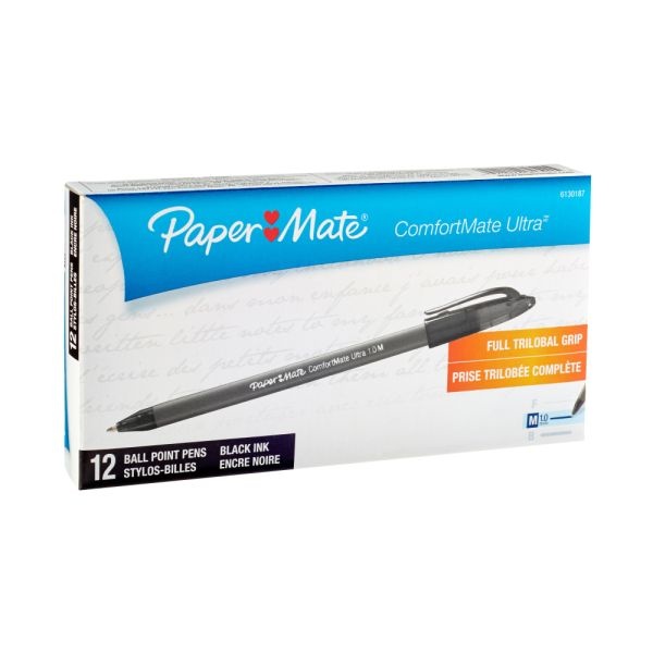 Paper Mate Comfortmate Ultra Ballpoint Stick Pens, Medium Point, 1.0 Mm, Black Barrel, Black Ink, Pack Of 12