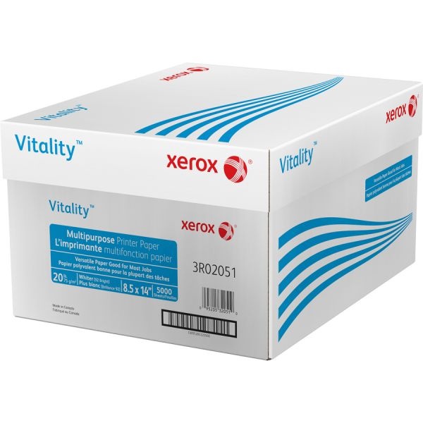 Xerox Vitality Multipurpose Printer Paper, 92 Brightness, 20 Lb, 8 1/2 X 14, White, 5000 Sheets/Carton
