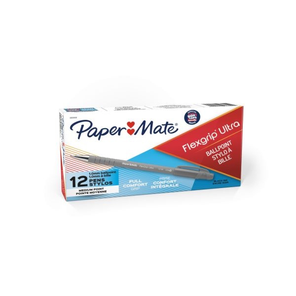 Paper Mate Flexgrip Ultra Ballpoint Pens, Medium Point, 1.0 Mm, 42% Recycled, Gray Barrel, Black Ink, Pack Of 12