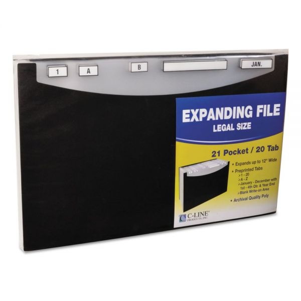 C-Line 21-Pocket Stand-Up Design Expanding File, 12" Expansion, 21 Sections, 1/5-Cut Tabs, Legal Size, Black