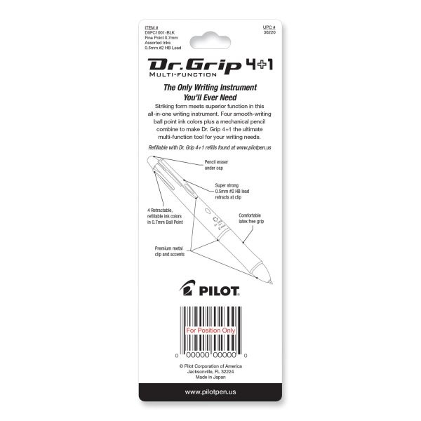 Pilot Dr. Grip 4 + 1 Multi-Color Ballpoint Pen/Pencil, Retractable, 0.7 Mm Pen/0.5Mm Pencil, Black/Blue/Green/Red Ink, Black Barrel