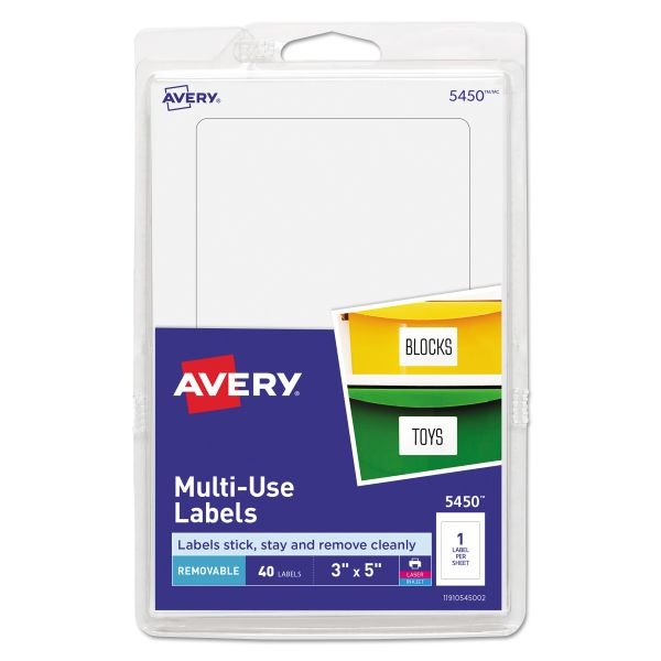 Avery Removable Multi-Use Labels, Inkjet/Laser Printers, 3 X 5, White, 40/Pack, (5450)