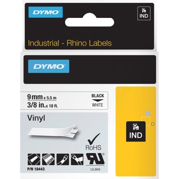 Dymo Rhino Industrial Vinyl Labels - 23/64" Width X 18 3/64 Ft Length - Permanent Adhesive - Rectangle - Thermal Transfer - Black On White - Vinyl - 1 Each - Scratch Resistant, Oil Resistant