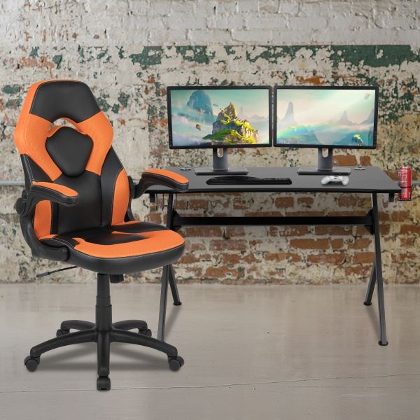 Optis Black Gaming Desk And Orange/Black Racing Chair Set With Cup Holder, Headphone Hook & 2 Wire Management Holes