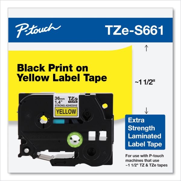 Brother P-Touch Tz Extra-Strength Adhesive Laminated Labeling Tape, 1.4" X 26.2 Ft, Black On Yellow