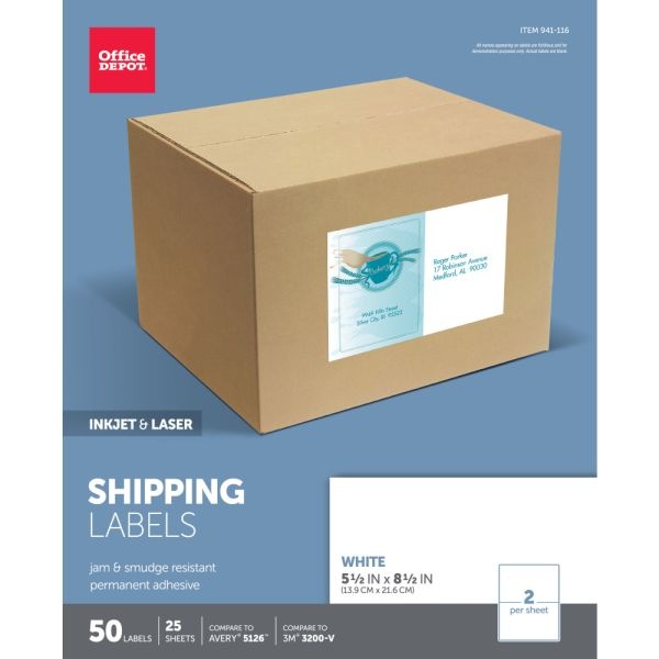 Inkjet/Laser Shipping Labels, Rectangle, 5 1/2" X 8 1/2", White, Pack Of 50