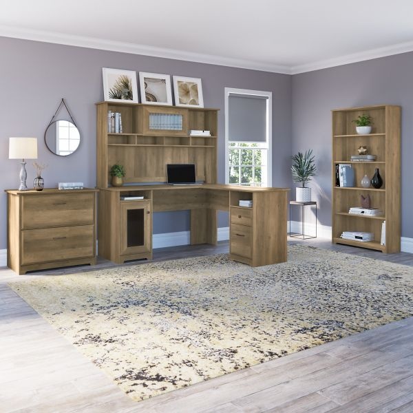 Bush Furniture Cabot L Shaped Desk With Hutch, Lateral File Cabinet And 5 Shelf Bookcase In Reclaimed Pine