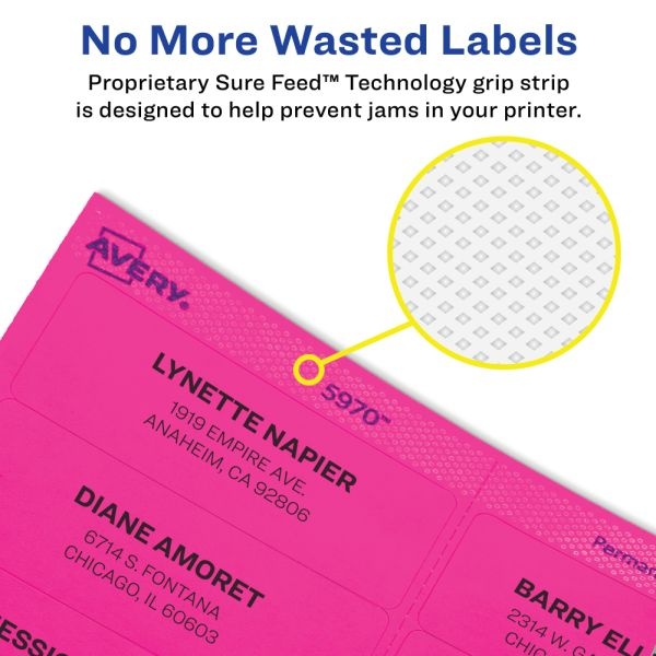 Avery High-Visibility Permanent Laser Id Labels, 5970, 1" X 2 5/8", Neon Magenta, Pack Of 750