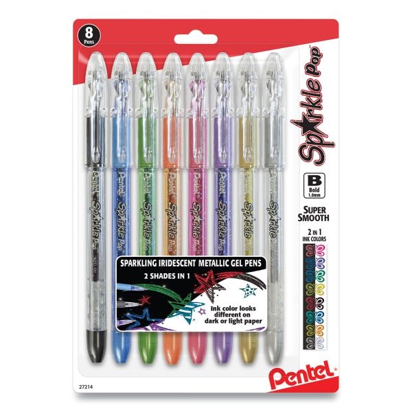 Pentel Sparkle Pop Metallic Gel Pen, Stick, Bold 1 Mm, Assorted Ink Colors, Clear Barrel, 8/Pack