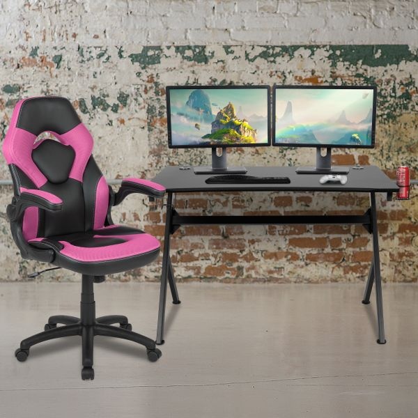Optis Black Gaming Desk And Pink/Black Racing Chair Set With Cup Holder, Headphone Hook & 2 Wire Management Holes