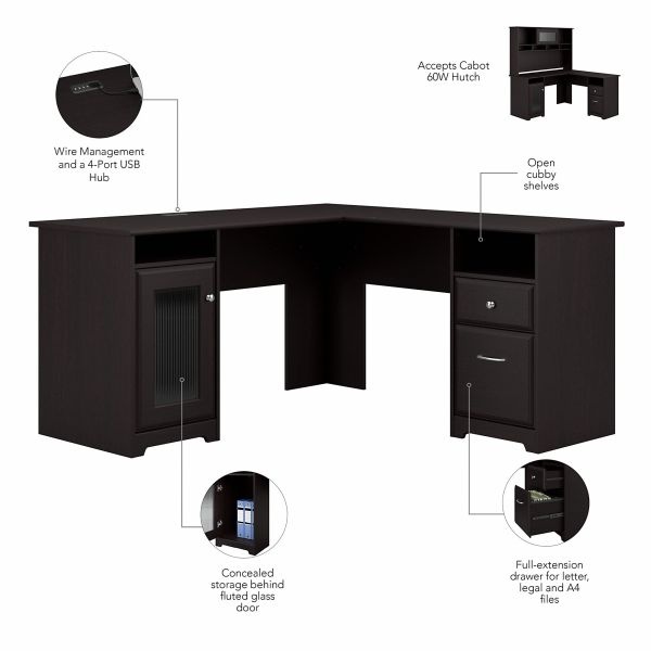 Bush Furniture Cabot L Shaped Desk With Hutch, Lateral File Cabinet And 5 Shelf Bookcase In Espresso Oak