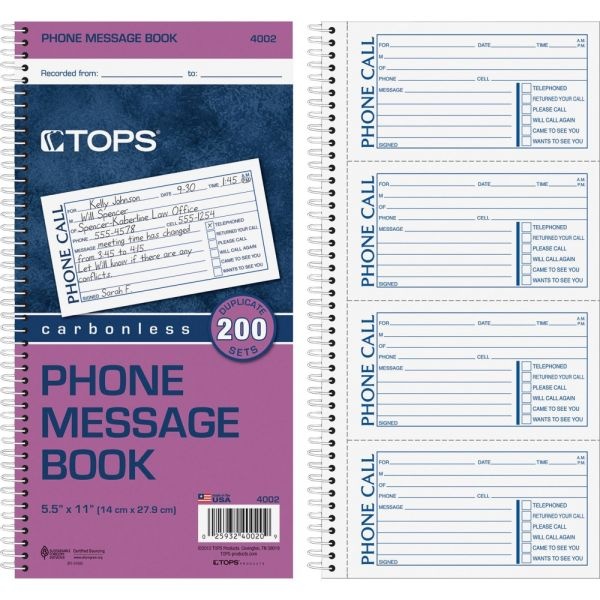 Tops Spiralbound Message Book, Two-Part Carbonless, 2.75 X 5, 4/Page, 200 Forms