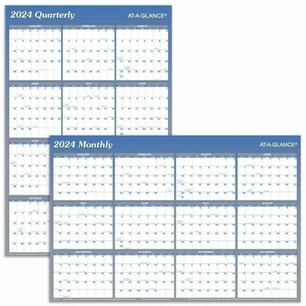 At-A-Glance Vertical/Horizontal Erasable Quarterly/Monthly Wall Planner, 24 X 36, White/Blue Sheets, 12-Month (Jan To Dec): 2024