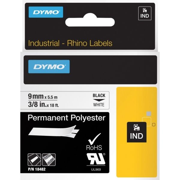 Dymo Rhino Permanent Poly Labels Permanent Adhesive, 3/8"W X 18'L, Direct Thermal, White, Polyester