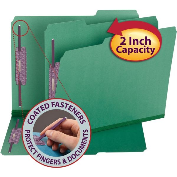 Smead Color Pressboard Fastener Folders With Safeshield Coated Fasteners, Letter Size, 1/3 Cut, Green, Box Of 25