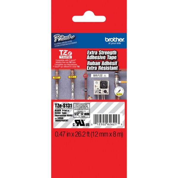 Brother Tze-S131 Black-On-Clear Industrial-Strength Tape, 0.5" X 26"