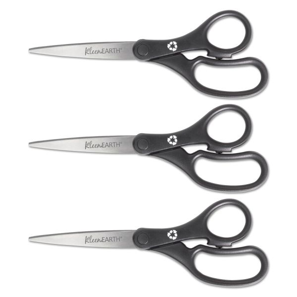 Westcott Kleenearth 8" Basic Recycled Straight Scissors - 8" Overall Length - Straight - Stainless Steel - Black - 3 / Pack