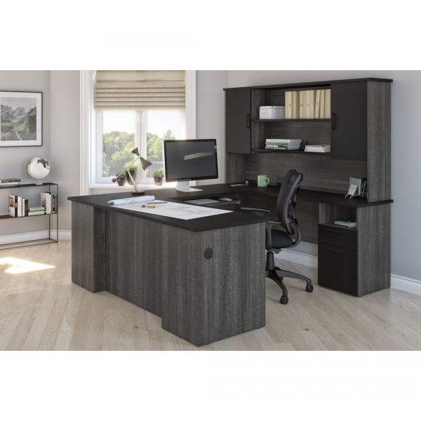 Bestar Norma U-Shaped Desk With Hutch - Black & Bark Gray
