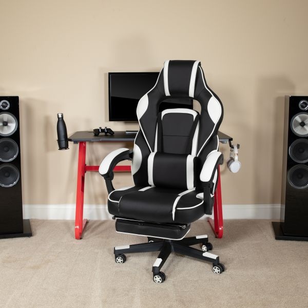 Optis Red Gaming Desk With Cup Holder/Headphone Hook & White Reclining Back/Arms Gaming Chair With Footrest