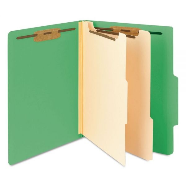Smead Top Tab Classification Folders, Six Safeshield Fasteners, 2" Expansion, 2 Dividers, Letter Size, Green Exterior, 10/Box