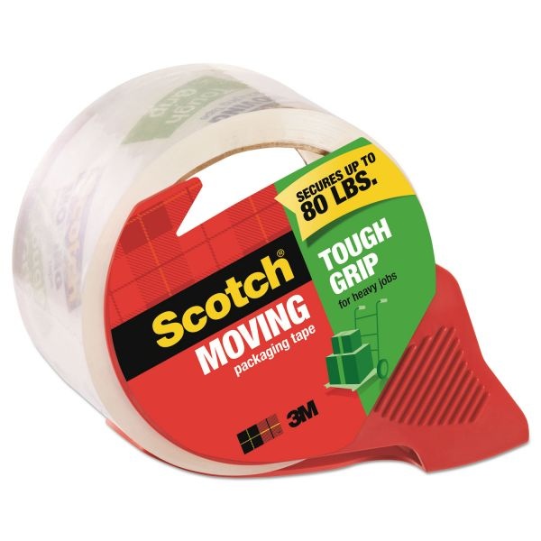 Scotch Tough Grip Moving Packaging Tape With Dispenser, 3" Core, 1.88" X 54.6 Yds, Clear