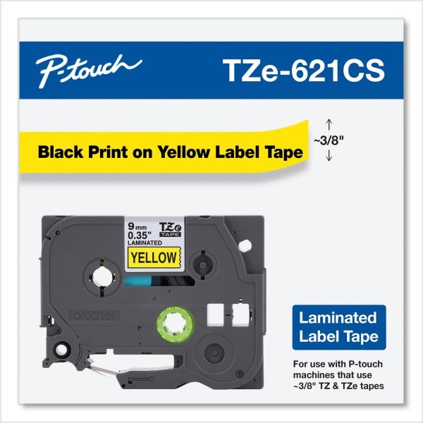 Brother P-Touch Tze Laminated Removable Label Tapes, 0.35" X 26.2 Ft, Black On Yellow