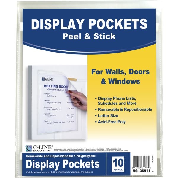 C-Line Peel/Stick Pockets With Antimicrobial Protection, Letter Size, Clear, Pack Of 10
