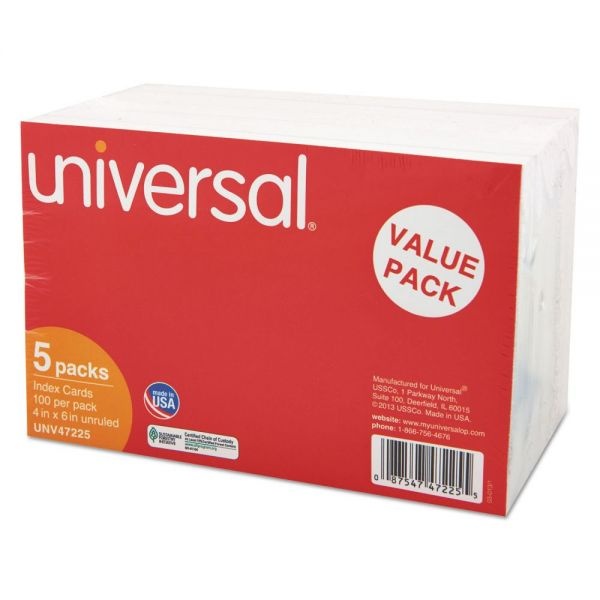 Universal Unruled Index Cards, 4 X 6, White, 500/Pack