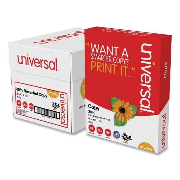 Universal 30% Recycled Copy Paper, 92 Bright, 20 Lb Bond Weight, 8.5 X 11, White, 500 Sheets/Ream, 5 Reams/Carton