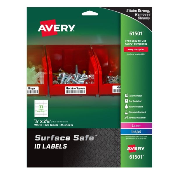 Avery Surface Safe Id Labels, 7/8" X 2 5/8", White, Pack Of 825 Labels