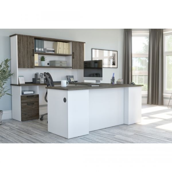Bestar Norma U-Shaped Desk With Hutch - Walnut Grey & White