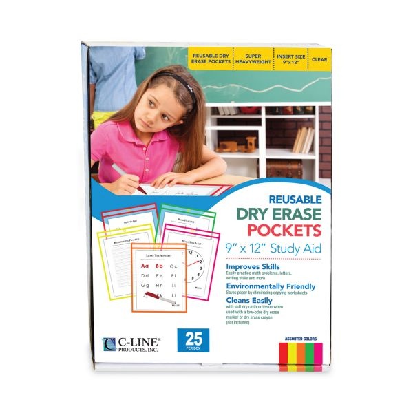 C-Line Reusable Dry Erase Pockets, 9 X 12, Assorted Neon Colors, 25/Box