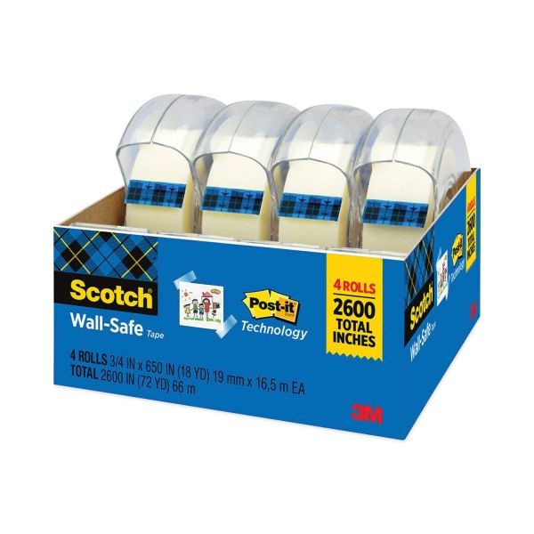 Scotch Wall-Safe Tape With Dispenser, 1" Core, 0.75" X 54.17 Ft, Clear, 4/Pack