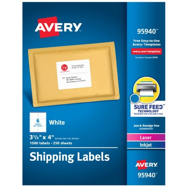 Avery Shipping Labels With Sure Feed Technology, 95940, Rectangle, 3-1/3" X 4", White, Pack Of 1,500 Labels