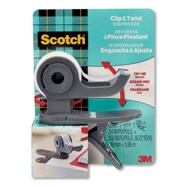 Scotch Clip And Twist Desktop Tape Dispenser, With Tape Roll, 1" Core, Plastic, Gray