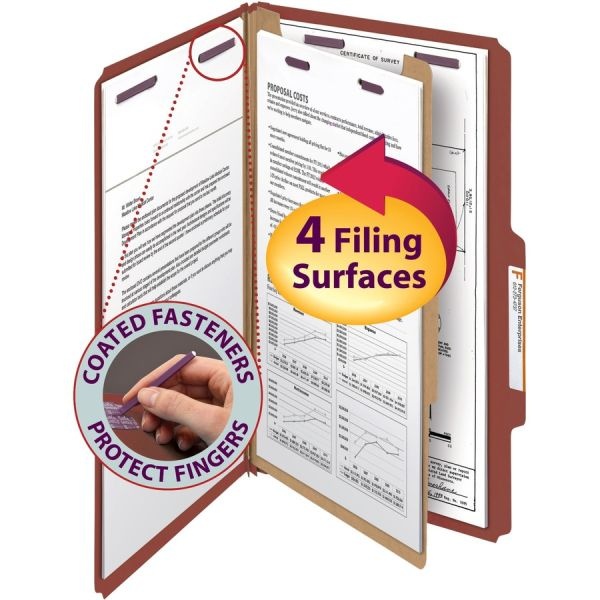 Smead Pressboard Classification Folders With Safeshield Coated Fasteners, 2/5 Cut, 1 Divider, Legal Size, Red, 10/Box