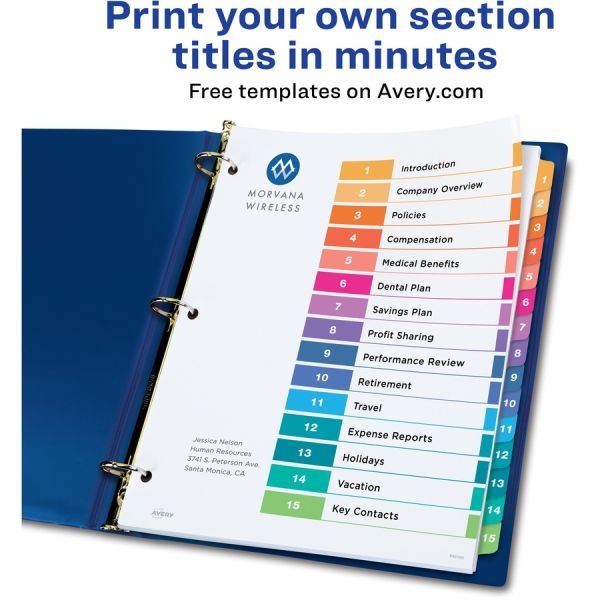 Avery Ready Index 1-15 Tab Binder Dividers With Customizable Table Of Contents, 8-1/2" X 11", 15 Tab, White/Multicolor, 1 Set