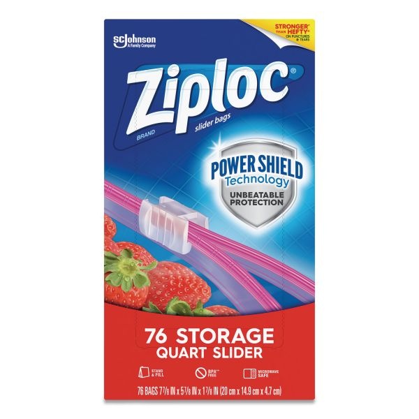 Ziploc Slider Storage Bags, 1 Qt, 5.88" X 7.88", Clear, 9/Carton