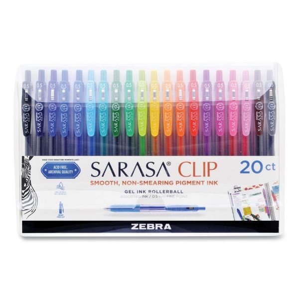 Zebra Sarasa Clip Gel Pen, Retractable, Fine 0.5 Mm, Assorted Ink And Barrel Colors, 20/Pack