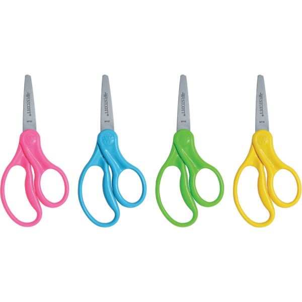 Westcott For Kids Scissors, 5" Length, 1 3/4" Cut, Pointed,Blue/Green/Pink/Yellow,30/Pack