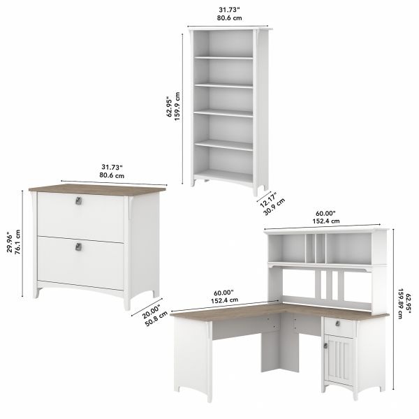 Bush Furniture Salinas 60W L Shaped Desk With Hutch, Lateral File Cabinet And 5 Shelf Bookcase In Pure White And Shiplap Gray