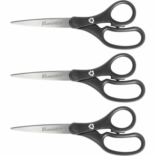 Westcott Kleenearth 8" Basic Recycled Straight Scissors - 8" Overall Length - Straight - Stainless Steel - Black - 3 / Pack