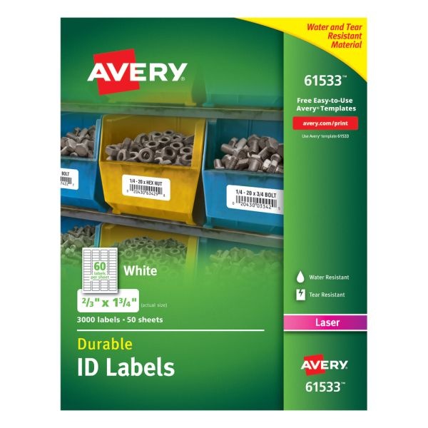 Avery Permanent Durable Id Labels With Trueblock Technology, 61533, 2/3" X 1 3/4", White, Pack Of 3,000