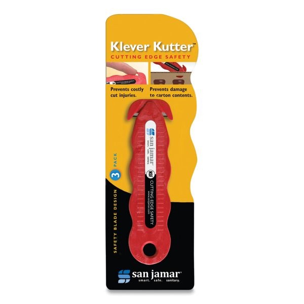 San Jamar Klever Kutter Safety Cutter, 3 Razor Blades, 1" Blade, 4" Plastic Handle, Red